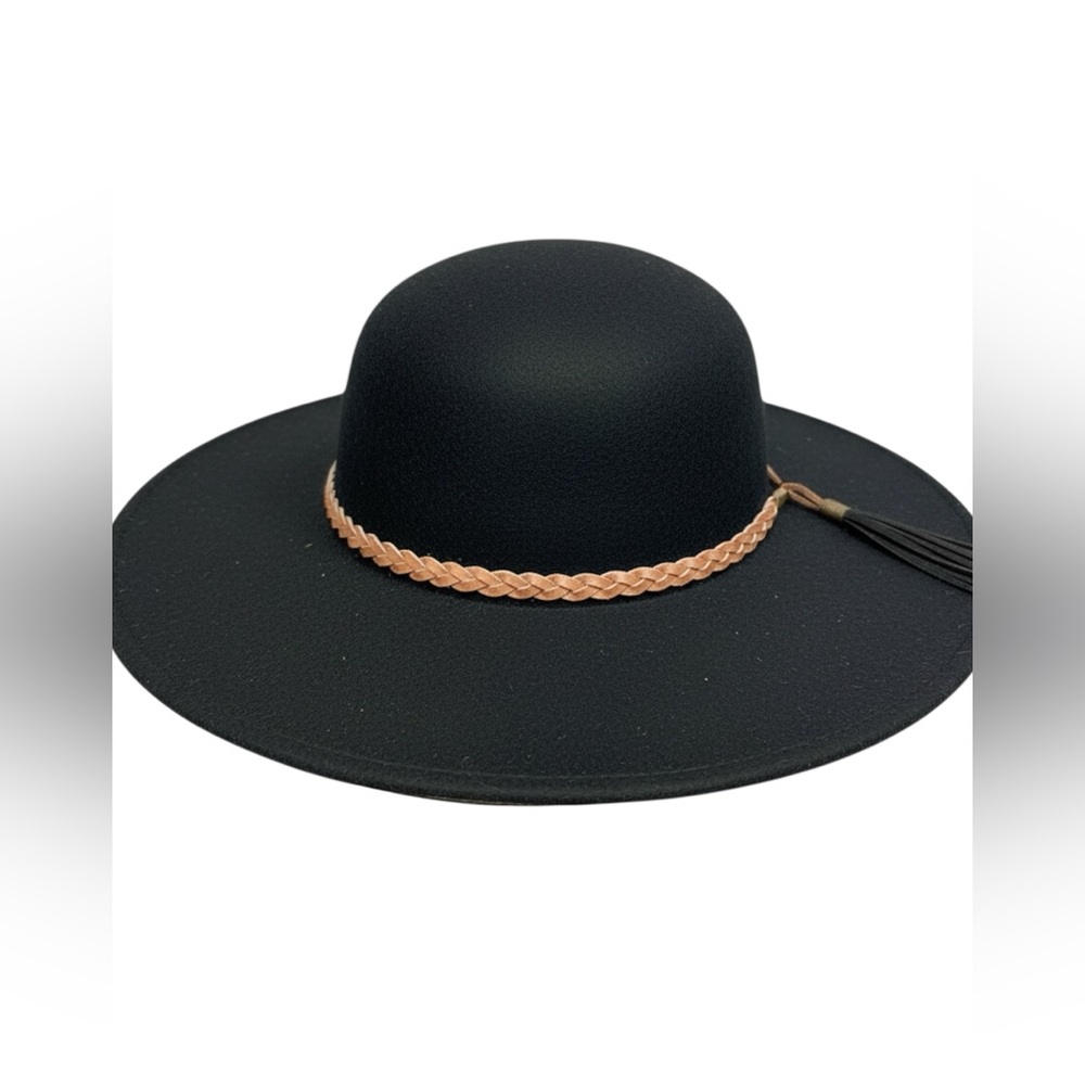 Black Wool Hat with Tan Braided Band - Picture 1 of 2